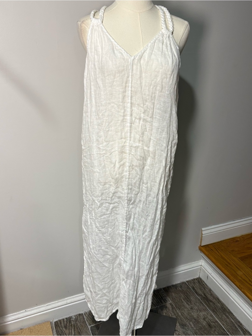 Rachel Zoe White 100% Linen Sheer Braided Racerback Maxi Dress Sz M Coastal Boho